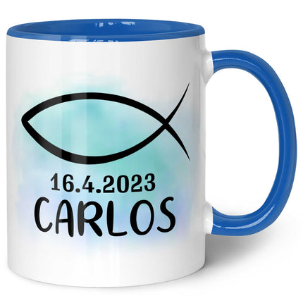 SEO. Bedruckte Tasse - zur Konfirmation mit Name & Datum - Boy Blau Linkreich