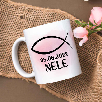 SEO. Bedruckte Tasse - zur Konfirmation mit Name & Datum - Girl Weiß Linkreich
