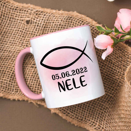 SEO. Bedruckte Tasse - zur Konfirmation mit Name & Datum - Girl Rosa Linkreich