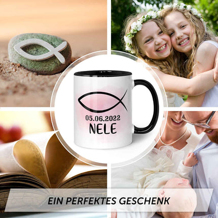 SEO. Bedruckte Tasse - zur Konfirmation mit Name & Datum - Girl Schwarz & Weiß Linkreich
