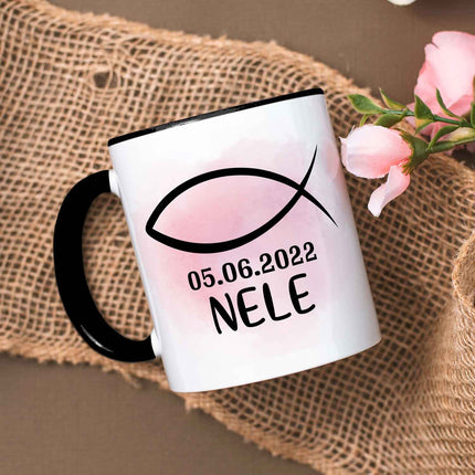 SEO. Bedruckte Tasse - zur Konfirmation mit Name & Datum - Girl Schwarz & Weiß Linkreich