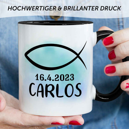 SEO. Bedruckte Tasse - zur Konfirmation mit Name & Datum - Boy Schwarz & Weiß Linkreich