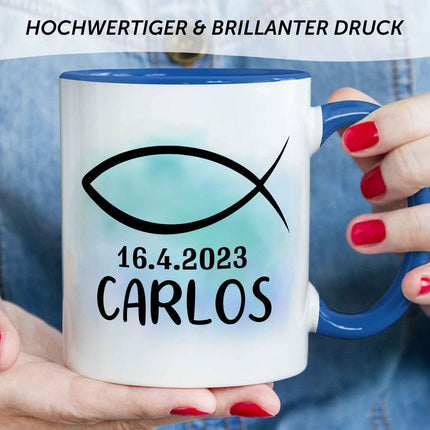 SEO. Bedruckte Tasse - zur Konfirmation mit Name & Datum - Boy Blau Linkreich
