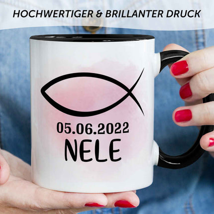 SEO. Bedruckte Tasse - zur Konfirmation mit Name & Datum - Girl Schwarz & Weiß Linkreich