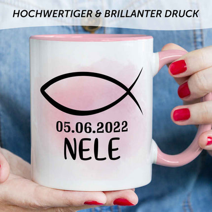 SEO. Bedruckte Tasse - zur Konfirmation mit Name & Datum - Girl Rosa Linkreich