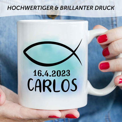SEO. Bedruckte Tasse - zur Konfirmation mit Name & Datum - Boy Weiß Linkreich