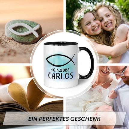 SEO. Bedruckte Tasse - zur Konfirmation mit Name & Datum - Boy Schwarz & Weiß Linkreich