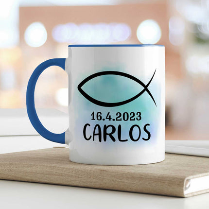 SEO. Bedruckte Tasse - zur Konfirmation mit Name & Datum - Boy Blau Linkreich