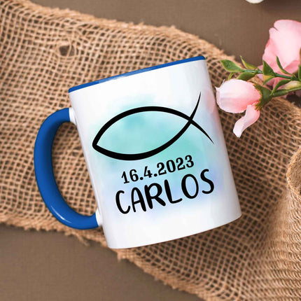 SEO. Bedruckte Tasse - zur Konfirmation mit Name & Datum - Boy Blau Linkreich