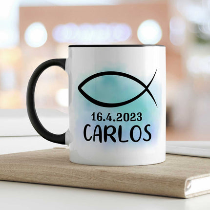 SEO. Bedruckte Tasse - zur Konfirmation mit Name & Datum - Boy Schwarz & Weiß Linkreich