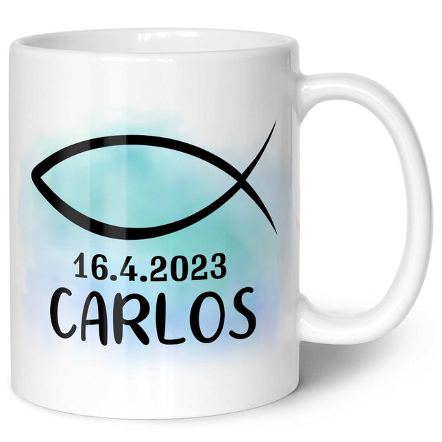 SEO. Bedruckte Tasse - zur Konfirmation mit Name & Datum - Boy Weiß Linkreich