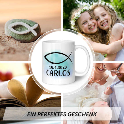 SEO. Bedruckte Tasse - zur Konfirmation mit Name & Datum - Boy Weiß Linkreich