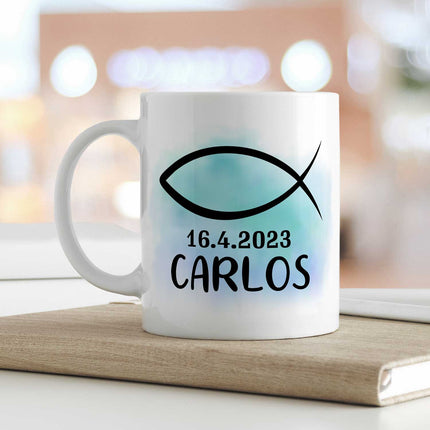 SEO. Bedruckte Tasse - zur Konfirmation mit Name & Datum - Boy Weiß Linkreich