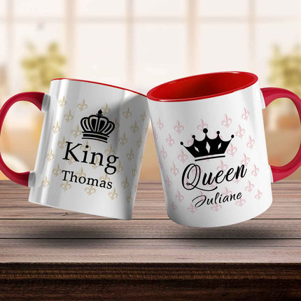 SEO. Bedruckte Tassen mit Spruch - King & Queen mit Namen - Rot Linkreich