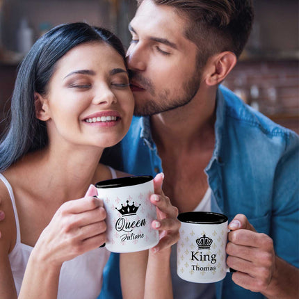 SEO. Bedruckte Tassen mit Spruch - King & Queen mit Namen - Schwarz & Weiß Linkreich