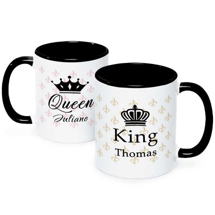 SEO. Bedruckte Tassen mit Spruch - King & Queen mit Namen - Schwarz & Weiß Linkreich