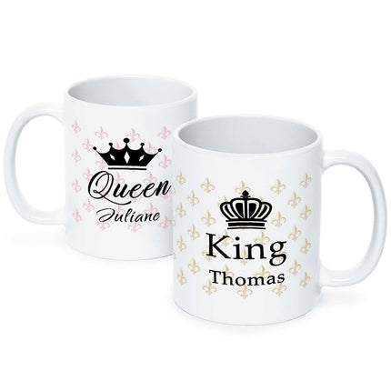 SEO. Bedruckte Tassen mit Spruch - King & Queen mit Namen - Schwarz & Weiß Linkreich