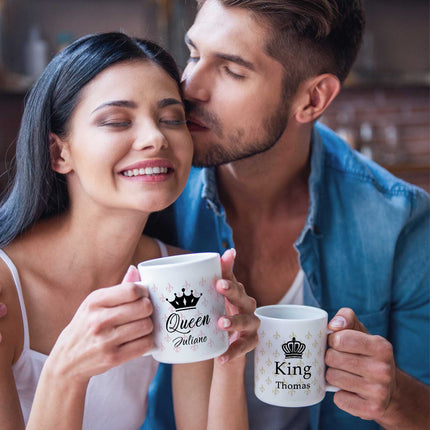 SEO. Bedruckte Tassen mit Spruch - King & Queen mit Namen - Weiß Linkreich