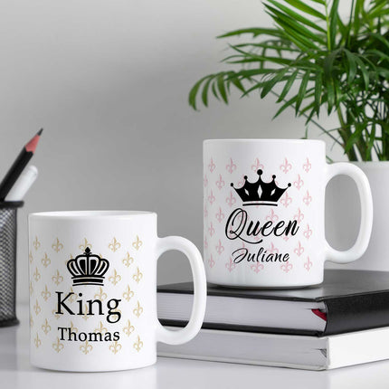 SEO. Bedruckte Tassen mit Spruch - King & Queen mit Namen - Schwarz & Weiß Linkreich