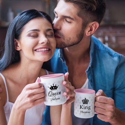 SEO. Bedruckte Tassen mit Spruch - King & Queen mit Namen - Rosa Linkreich