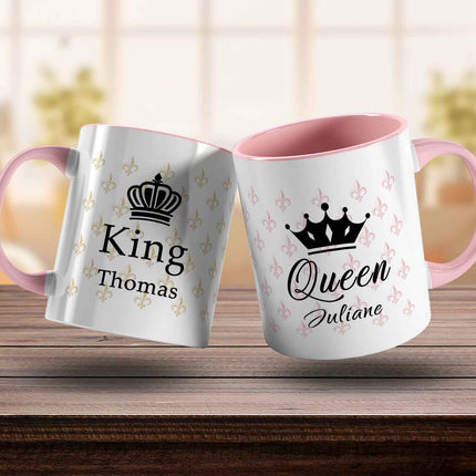 SEO. Bedruckte Tassen mit Spruch - King & Queen mit Namen - Rosa Linkreich