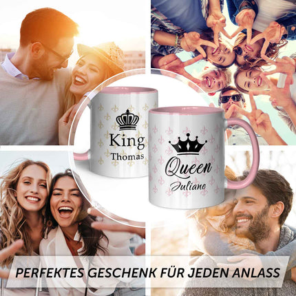 SEO. Bedruckte Tassen mit Spruch - King & Queen mit Namen - Rosa Linkreich