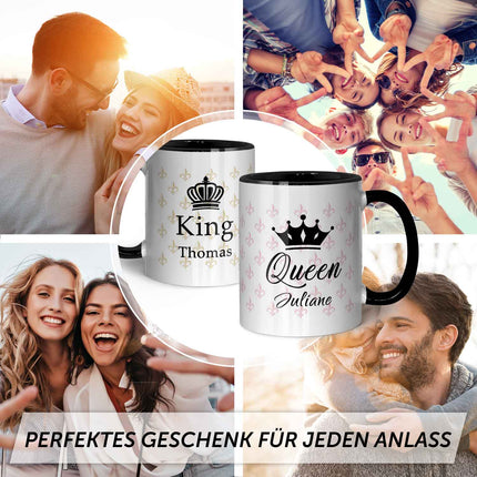 SEO. Bedruckte Tassen mit Spruch - King & Queen mit Namen - Schwarz & Weiß Linkreich