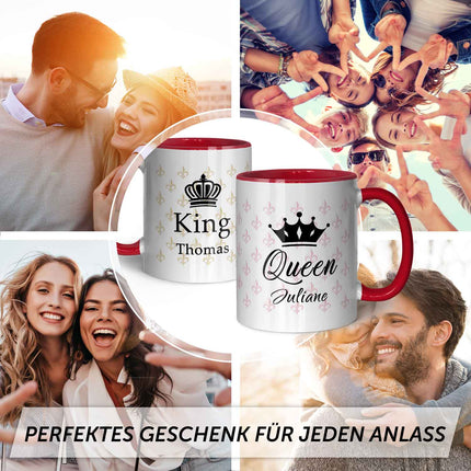 SEO. Bedruckte Tassen mit Spruch - King & Queen mit Namen - Rot Linkreich