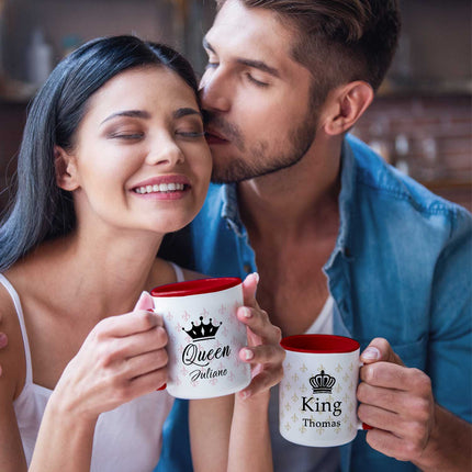 SEO. Bedruckte Tassen mit Spruch - King & Queen mit Namen - Rot Linkreich