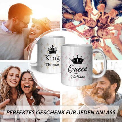SEO. Bedruckte Tassen mit Spruch - King & Queen mit Namen - Weiß Linkreich