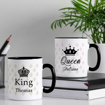 SEO. Bedruckte Tassen mit Spruch - King & Queen mit Namen - Schwarz & Weiß Linkreich