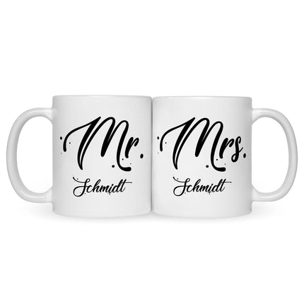 SEO. Bedruckte Tassen mit Spruch - Mr & Mrs mit Namen - Weiß Linkreich