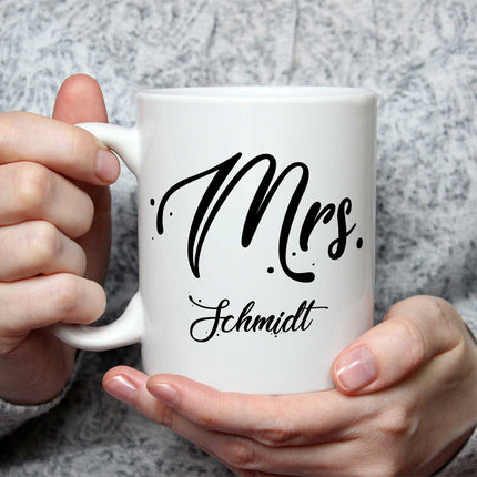 SEO. Bedruckte Tassen mit Spruch - Mr & Mrs mit Namen - Weiß Linkreich