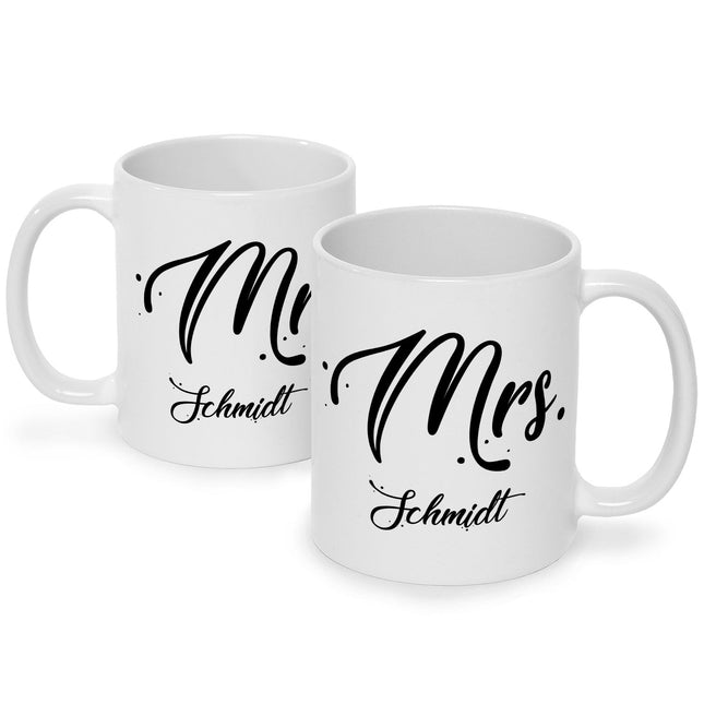 SEO. Bedruckte Tassen mit Spruch - Mr & Mrs mit Namen - Weiß Linkreich