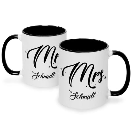 SEO. Bedruckte Tassen mit Spruch - Mr & Mrs mit Namen - Schwarz & Weiß Linkreich