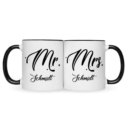 SEO. Bedruckte Tassen mit Spruch - Mr & Mrs mit Namen - Schwarz & Weiß Linkreich