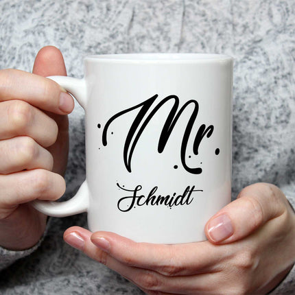 SEO. Bedruckte Tassen mit Spruch - Mr & Mrs mit Namen - Weiß Linkreich