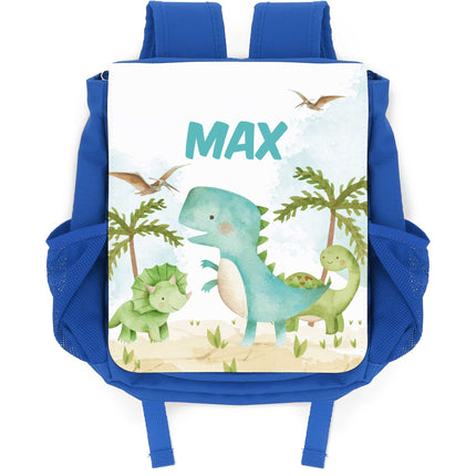 SEO. Bedruckter Rucksack für Kinder - Dino mit Name - Blau Linkreich