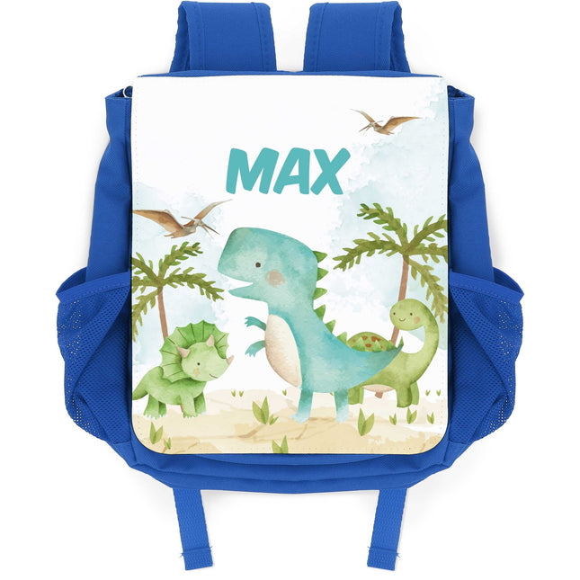 SEO. Bedruckter Rucksack für Kinder - Dino mit Name - Blau Linkreich