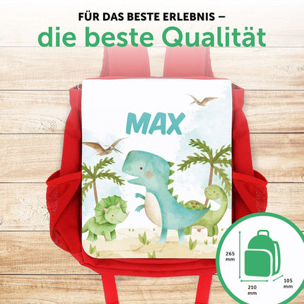 SEO. Bedruckter Rucksack für Kinder - Dino mit Name - Rot Linkreich