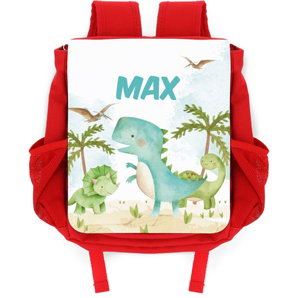 SEO. Bedruckter Rucksack für Kinder - Dino mit Name - Rot Linkreich