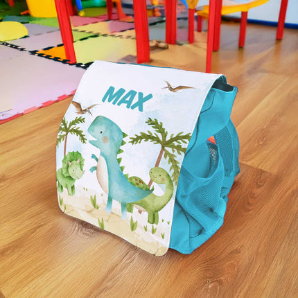 SEO. Bedruckter Rucksack für Kinder - Dino mit Name - Rot Linkreich