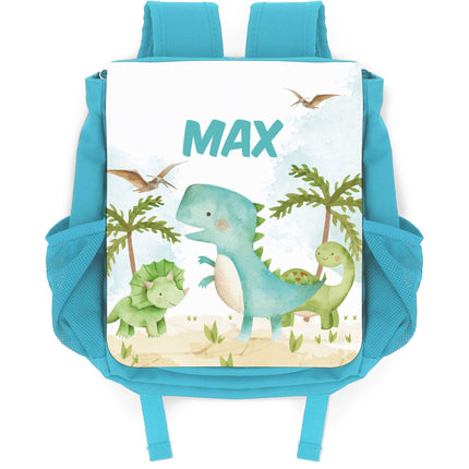 SEO. Bedruckter Rucksack für Kinder - Dino mit Name - Hellblau Linkreich