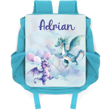 SEO. Bedruckter Rucksack für Kinder - Drache mit Name - Hellblau Linkreich