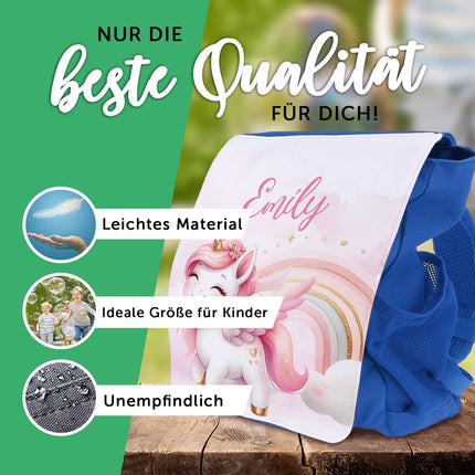 SEO. Bedruckter Rucksack für Kinder - Pegasus mit Name - Hellblau Linkreich