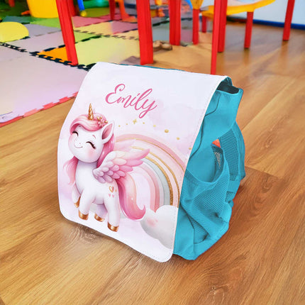 SEO. Bedruckter Rucksack für Kinder - Pegasus mit Name - Hellblau Linkreich