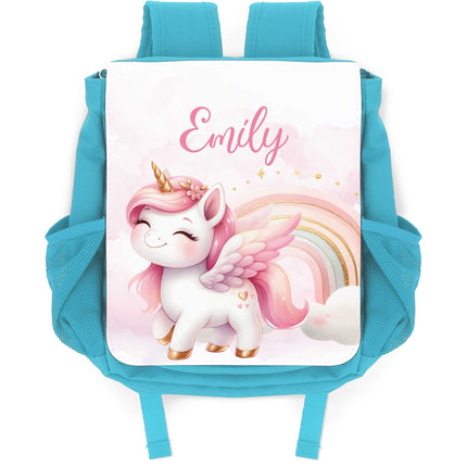 SEO. Bedruckter Rucksack für Kinder - Pegasus mit Name - Hellblau Linkreich