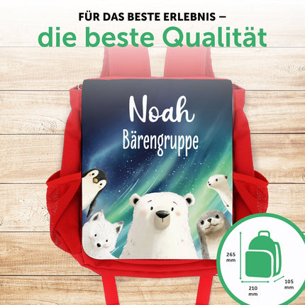 SEO. Bedruckter Rucksack für Kinder - Polartiere mit Name - Rot Linkreich
