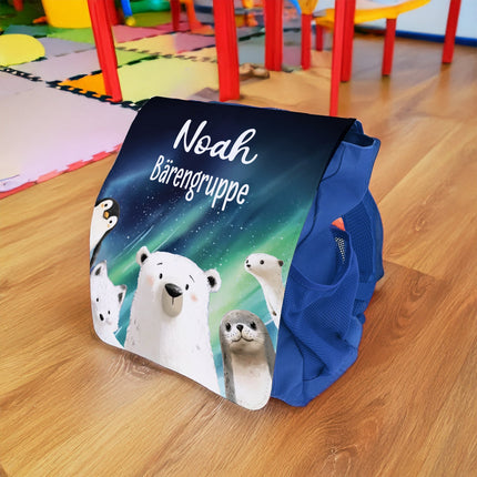 SEO. Bedruckter Rucksack für Kinder - Polartiere mit Name - Dunkelblau Linkreich