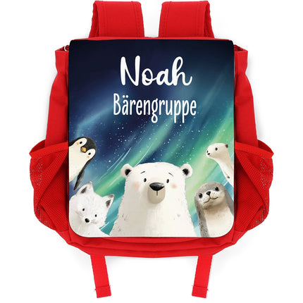 SEO. Bedruckter Rucksack für Kinder - Polartiere mit Name - Rot Linkreich